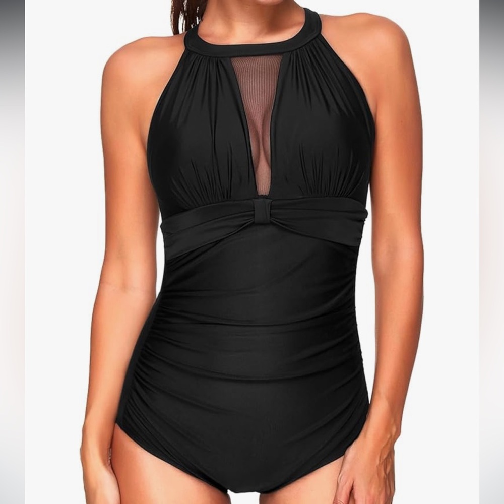 NWOT TEMPT ME One Piece Swimsuit High Neck Plunge Ruched Tummy Control Black
